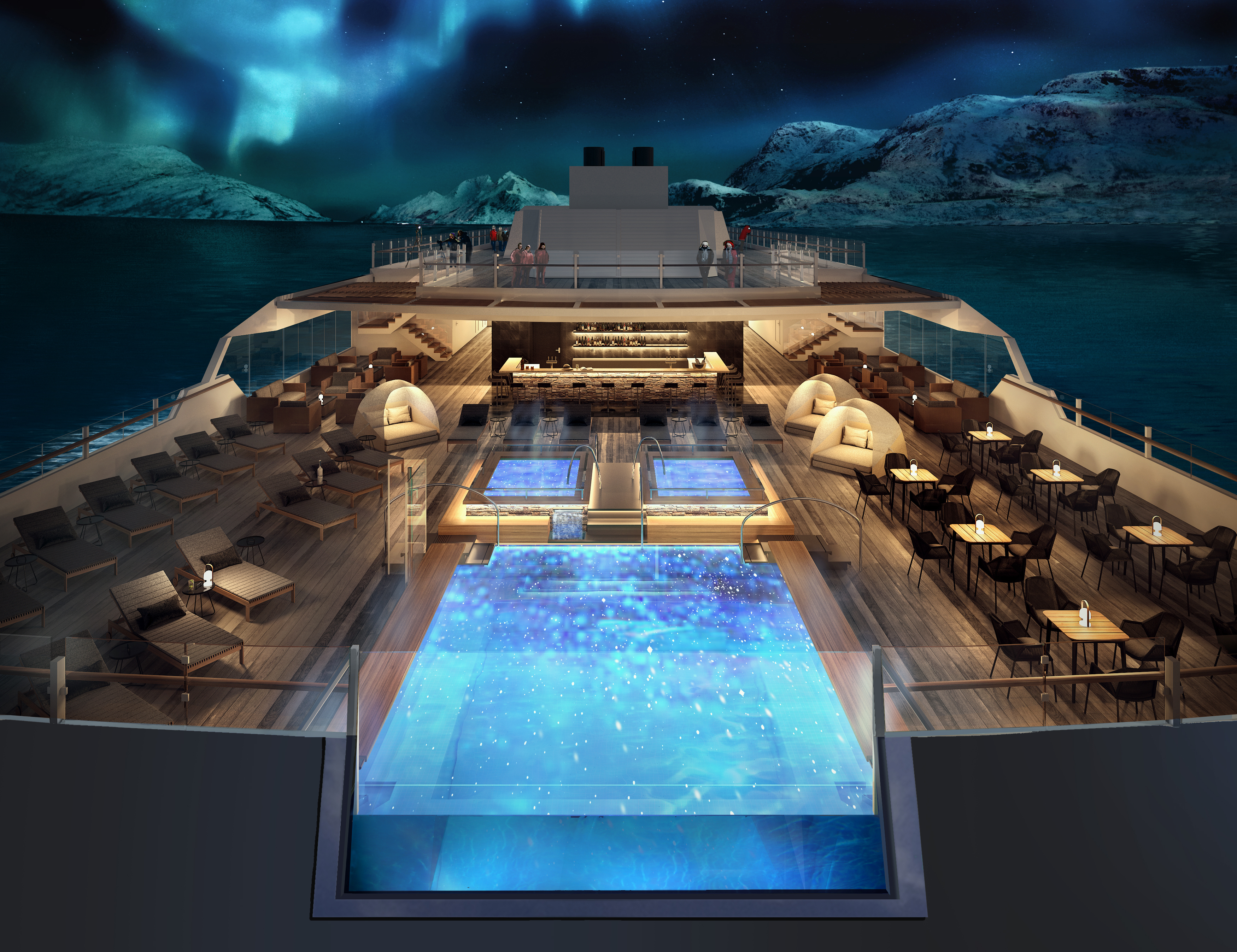 An illustration depicts a pool on the deck of the MS Roald Amundsen, with a view over the Arctic Ocean under Northern Lights. (Illustration courtesy of Hurtigruten)