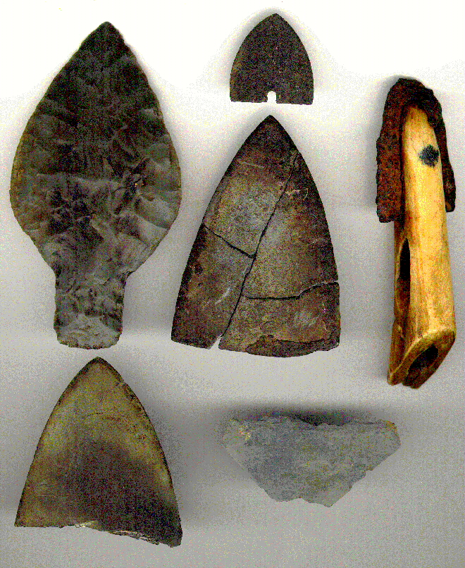 Alaska Native hunters have found six ancient harpoon points in bowhead whales since 1981, two made of slate, two of other stone, a metal blade and an ivory harpoon head tipped with metal. (Craig George / Alaska Eskimo Whaling Commission)