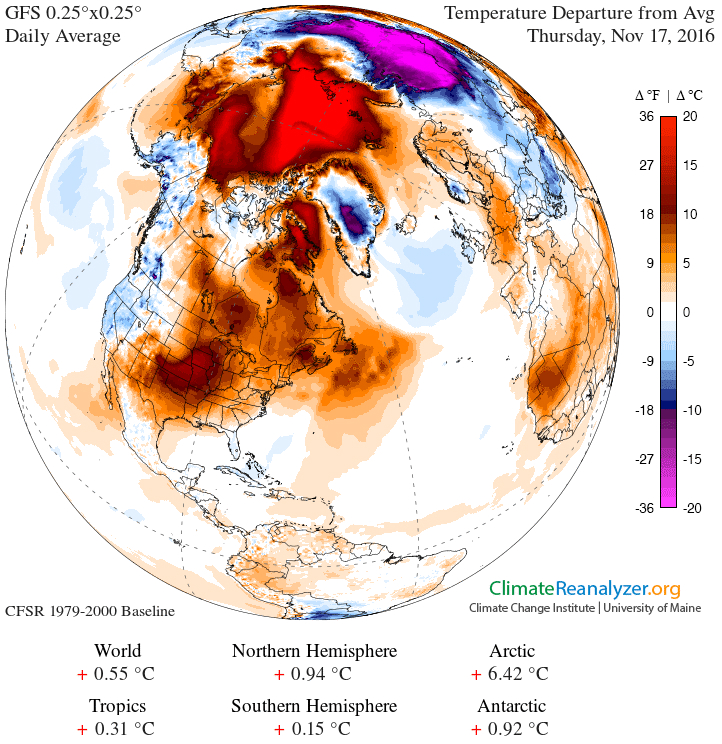 This map depicts the difference in temperatures for Nov. 17 from long term averages, revealing an abnormally hit Arctic while displaced polar air brings cooler than usual temperatures to Siberia. (ClimateReanalyzer.org / Climate Change Institute at the University of Maine)