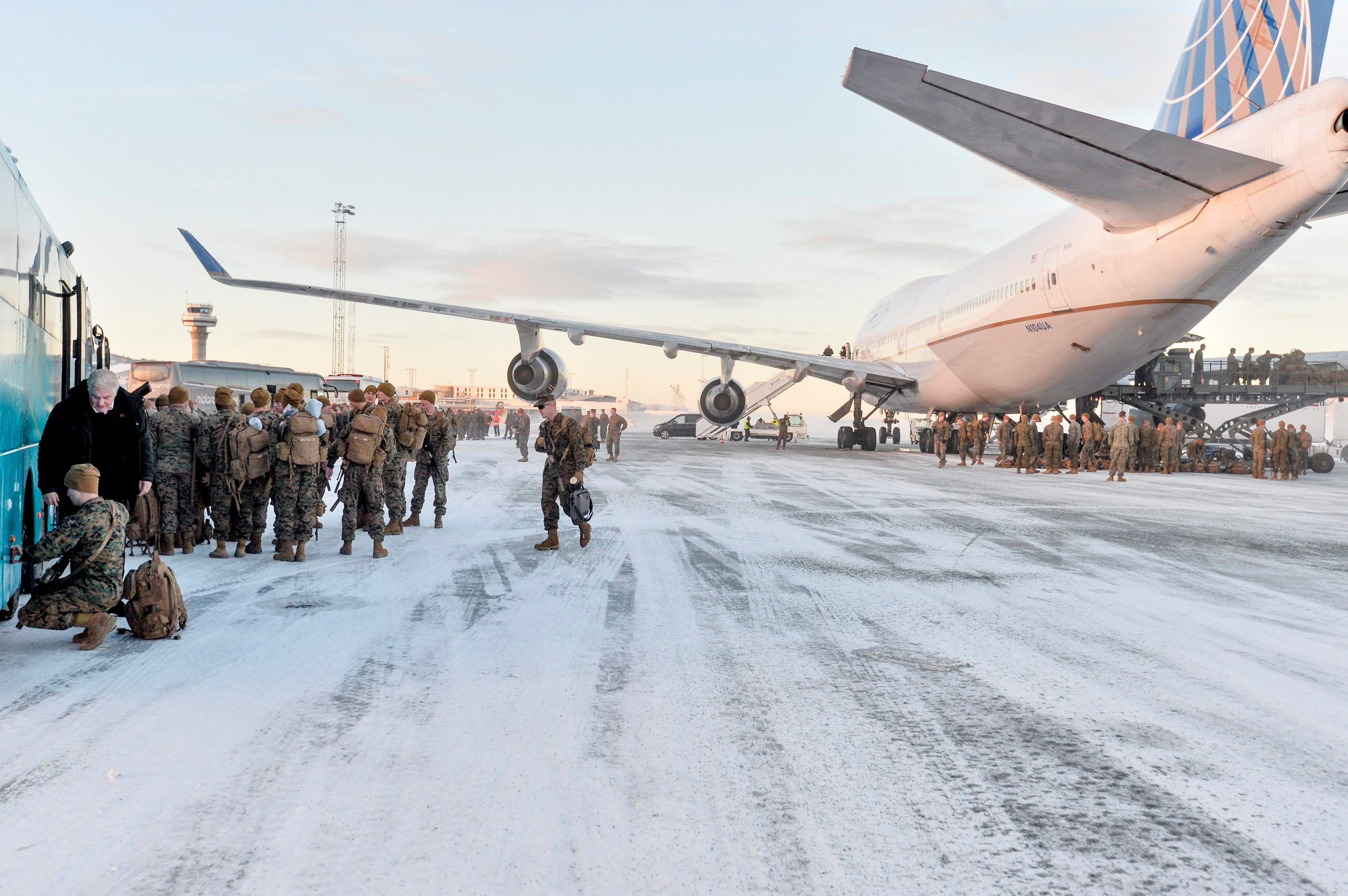 A Boeing 747 with some 300 U.S. Marines, who are to attend a six-month training to learn about winter warfare, lands in Stjordal, Norway January 16, 2017. NTB Scanpix/Ned Alley/via REUTERS