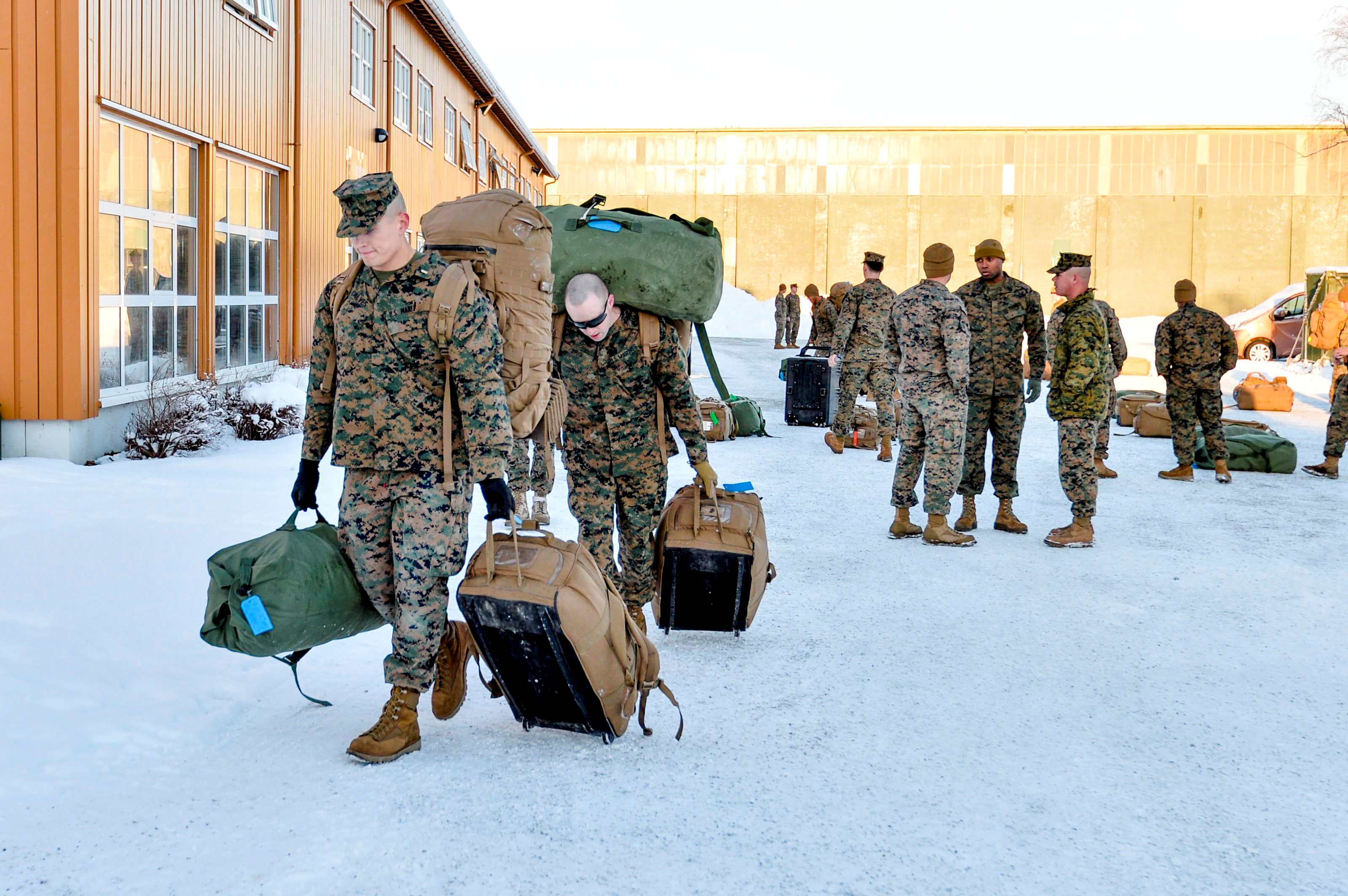 U.S. Marines, who are to attend a six-month training to learn about winter warfare, arrive in Stjordal, Norway January 16, 2017. NTB Scanpix/Ned Alley/via REUTERS