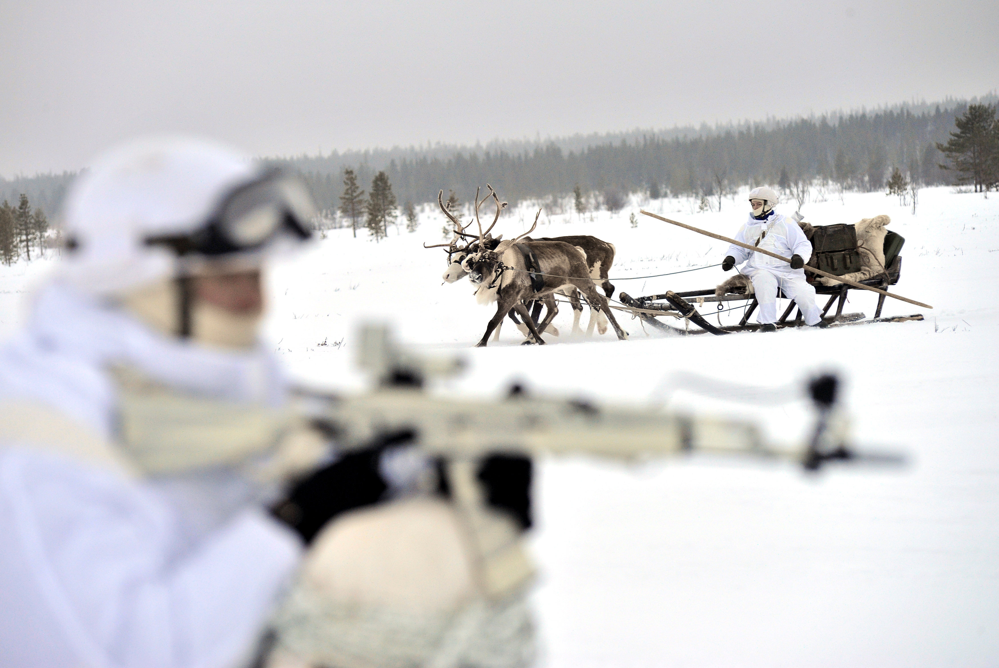 Russian servicemen of the Northern Fleet's Arctic mechanised infantry brigade participate in a military drill on riding reindeer and dog sleds near the settlement of Lovozero outside Murmansk, Russia January 23, 2017. Picture taken January 23, 2017. (Lev Fedoseyev / Ministry of Defence of the Russian Federation / Handout via Reuters)