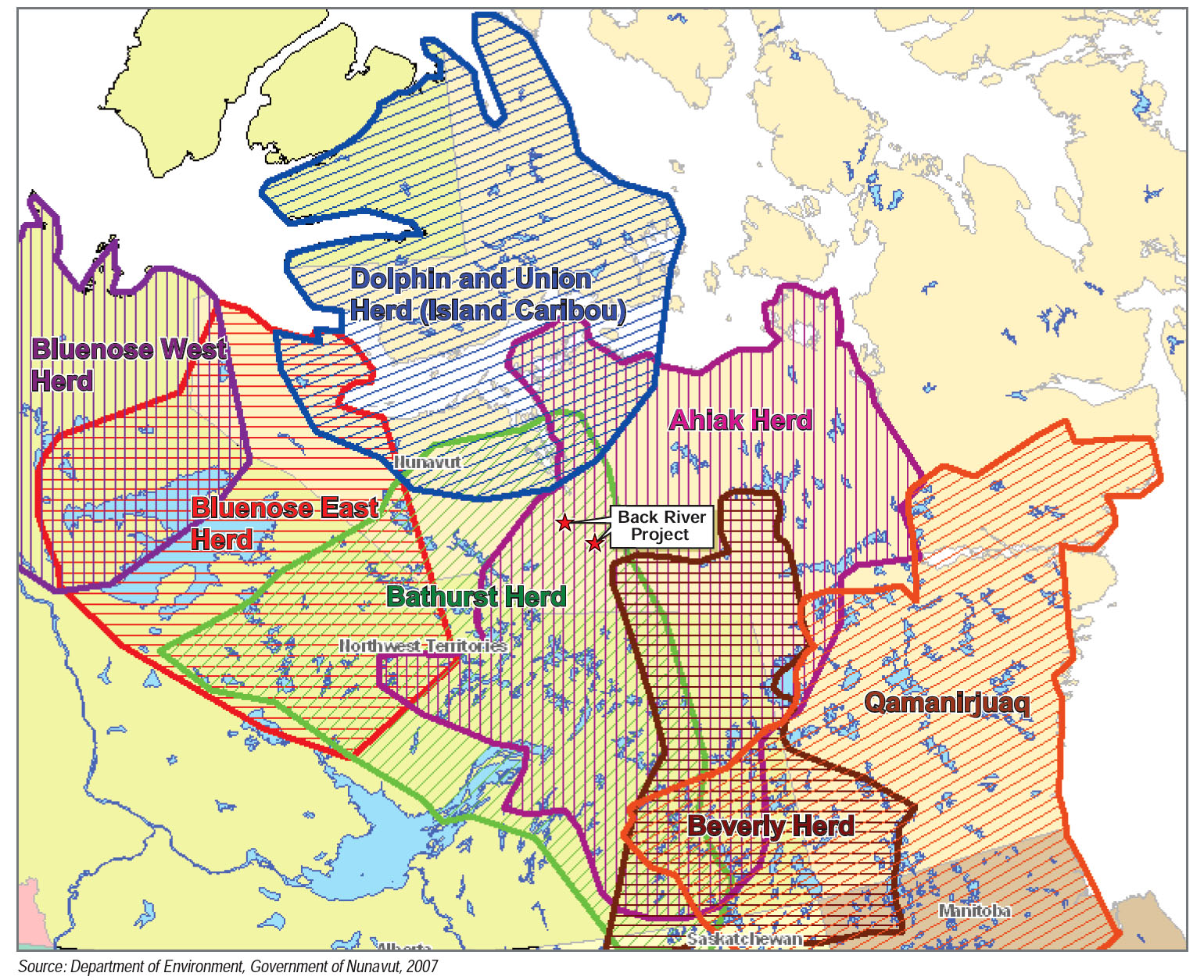 This map shows the caribou ranges around the Back River project. The Bathurst herd has suffered a 95 per cent decline since 1986, having shrunk to a population of only 16,000 from a high of 470,000 in 1986. (Back River project description)