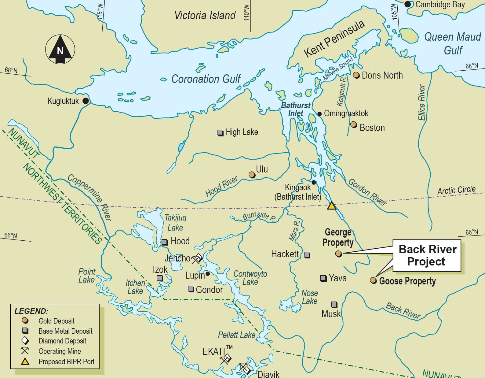 This map shows the original version of Sabina's Back River gold project as submitted to the NIRB in 2012. Development of the George property was later deleted from the proposal and was not included in the project that NIRB considered in a public hearing last spring. (Back River Project description)