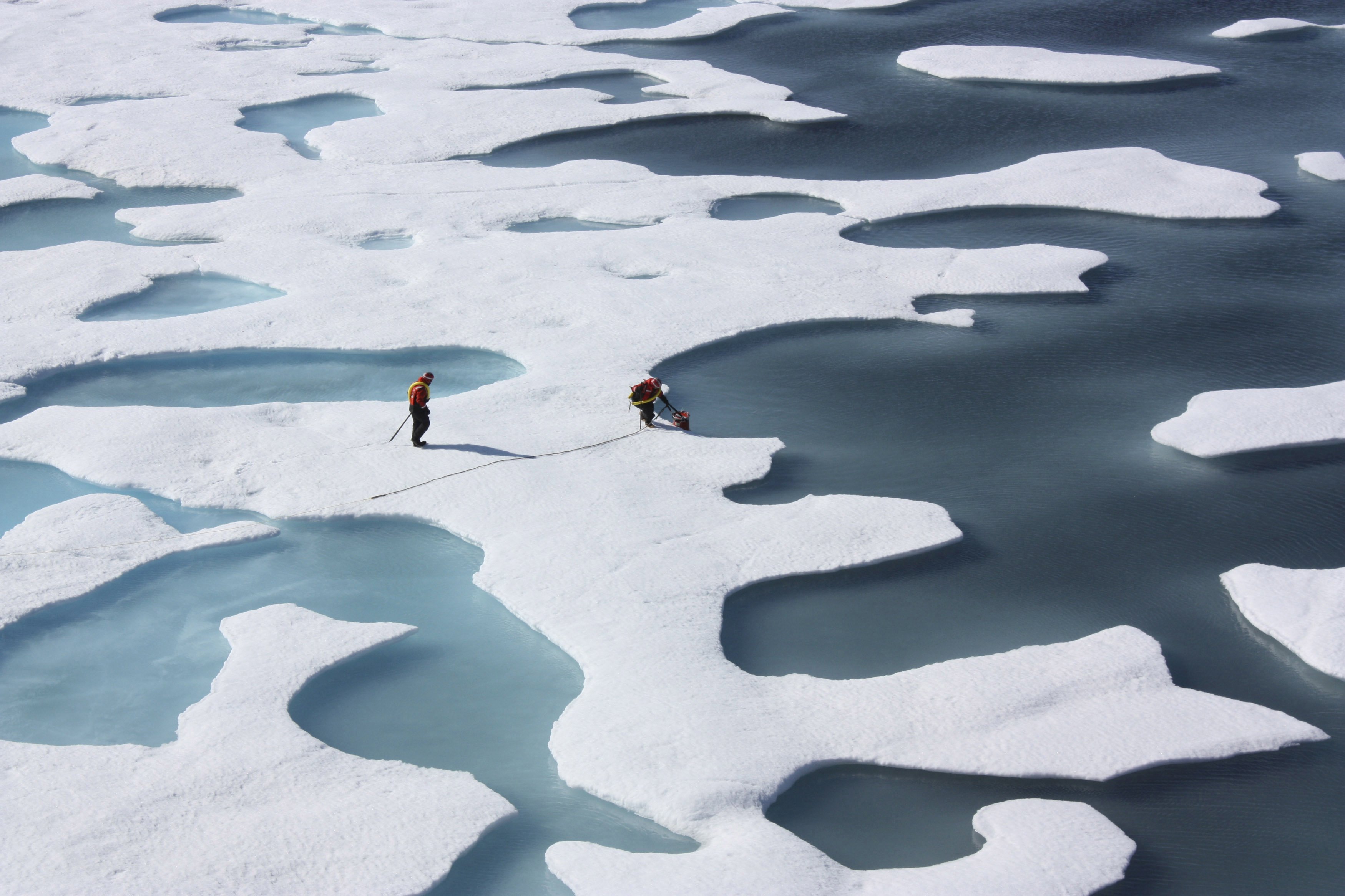The crew of the  U.S. Coast Guard Cutter Healy, in the midst of their ICESCAPE mission, retrieves supplies in the Arctic Ocean in this July 12, 2011 NASA handout photo.  Kathryn Hansen/NASA via REUTERS/File Photo