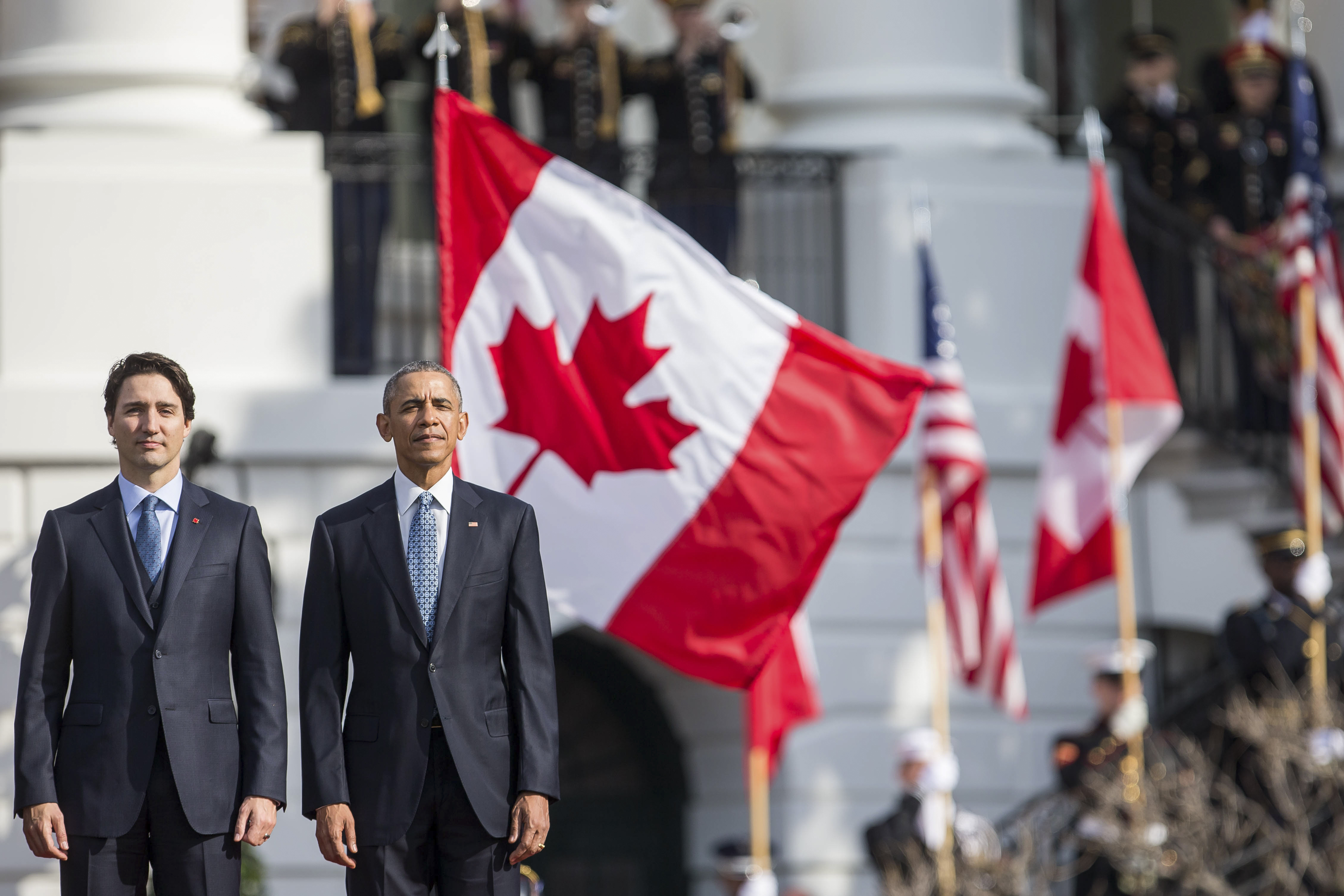 President Barack Obama and Canadian Prime Minister Justin Trudeau during a state arrival ceremony on the South Lawn of the White House, in Washington, March 10, 2015. Garden Collective, a creative agency in Toronto, spurred a viral social media campaign, calling on Canadians to give pep talks to their friends across the border, assuring them that America is great. (Zach Gibson/The New York Times)