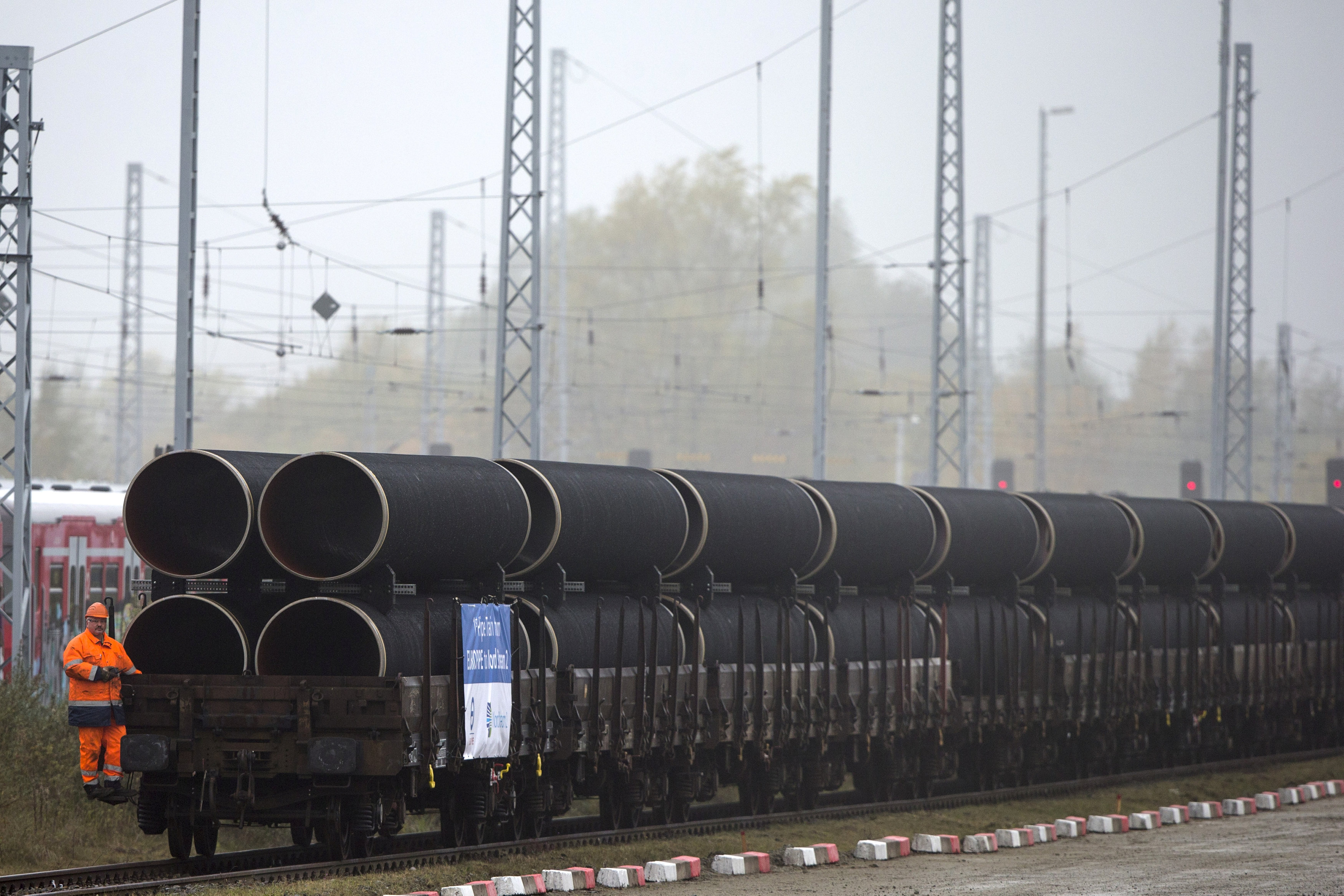 A handout by Nord Stream 2 claims to show the first pipes for the Nord Stream 2 pipeline being delivered by rail to the German logistics hub Mukran on the island of Rugen, Germany, in this undated photo provided to Reuters on March 23, 2017. Axel Schmidt/Courtesy of Nord Stream 2/Handout via REUTERS