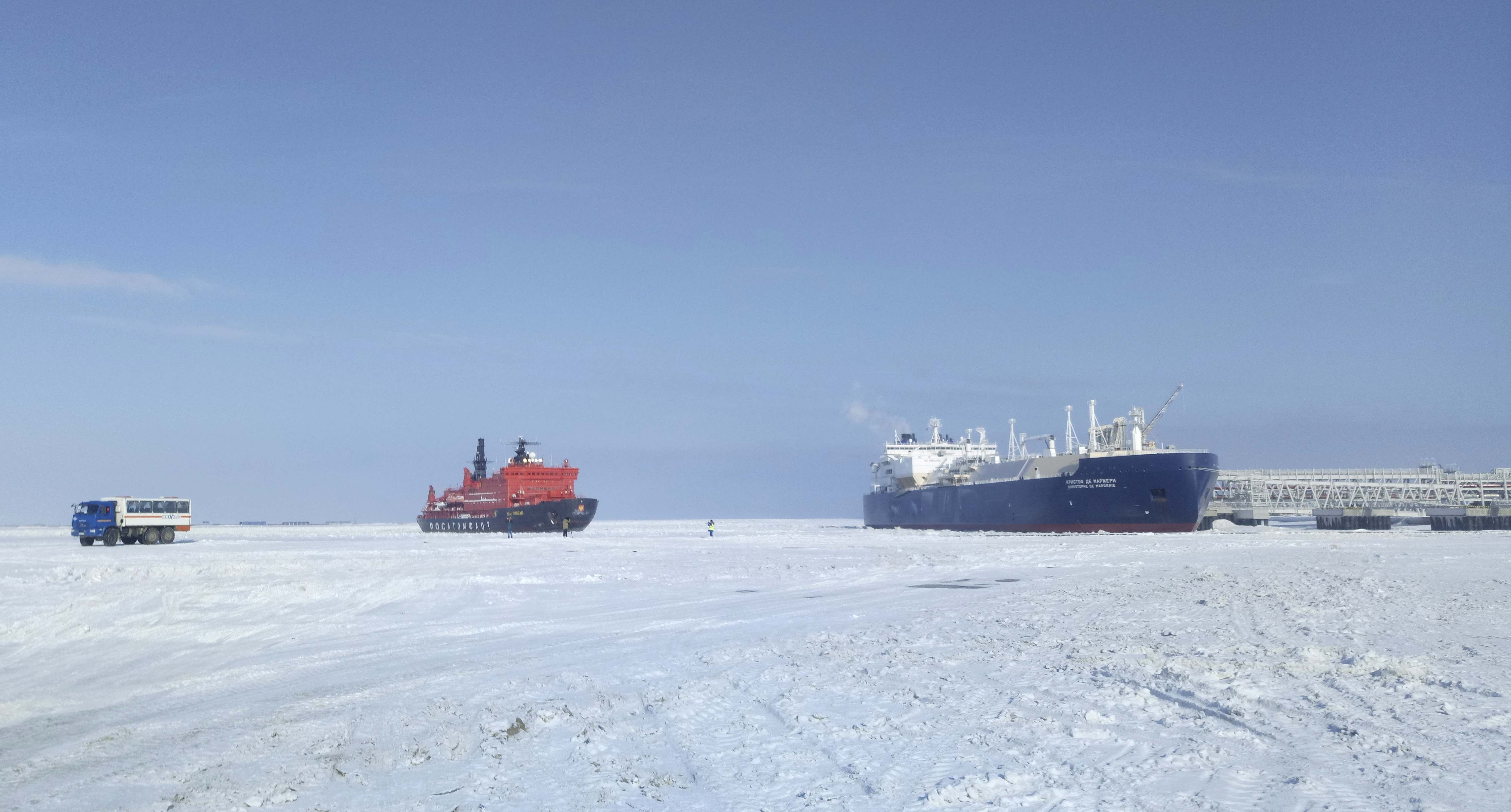 The Christophe de Margerie (R), an ice-class tanker fitted out to transport liquefied natural gas, is docked in Arctic port of Sabetta, Yamalo-Nenets district, Russia March 30, 2017. REUTERS/Olesya Astakhova