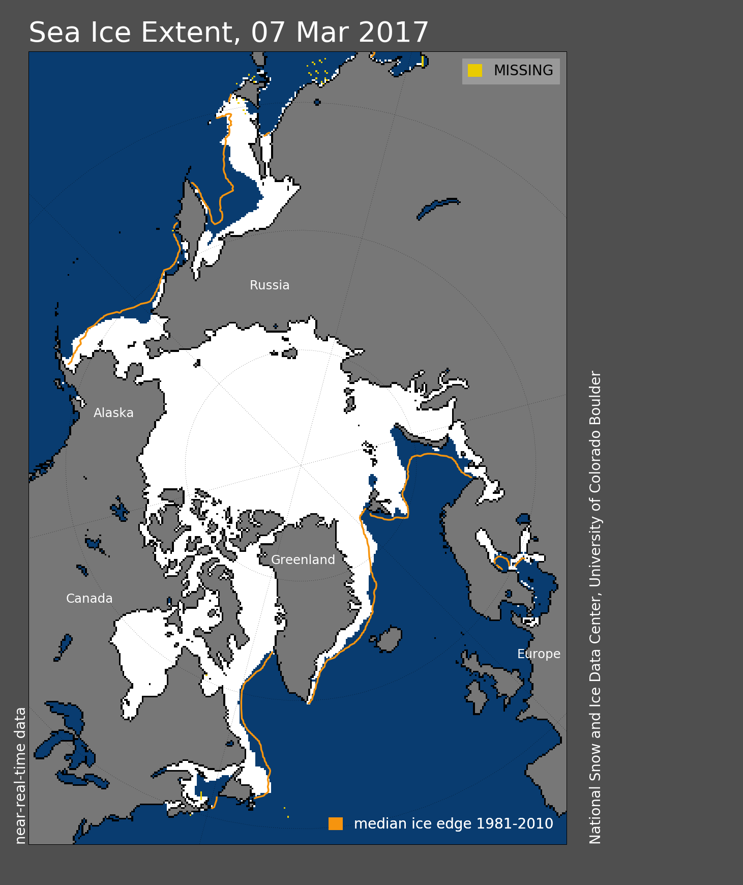 Arctic sea ice reached a maximum extent for the season—and a new record low for that extent—on March 7. (NSIDC)