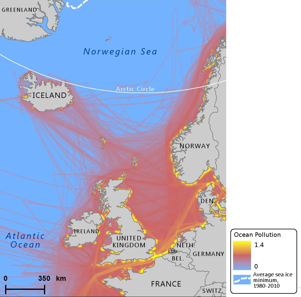 Though Iceland seems isolated from the rest of Europe, the high levels of pollution around its coastline reveal its deep integration into the North Atlantic shipping network. (Mia Bennett / Cryopolitics)