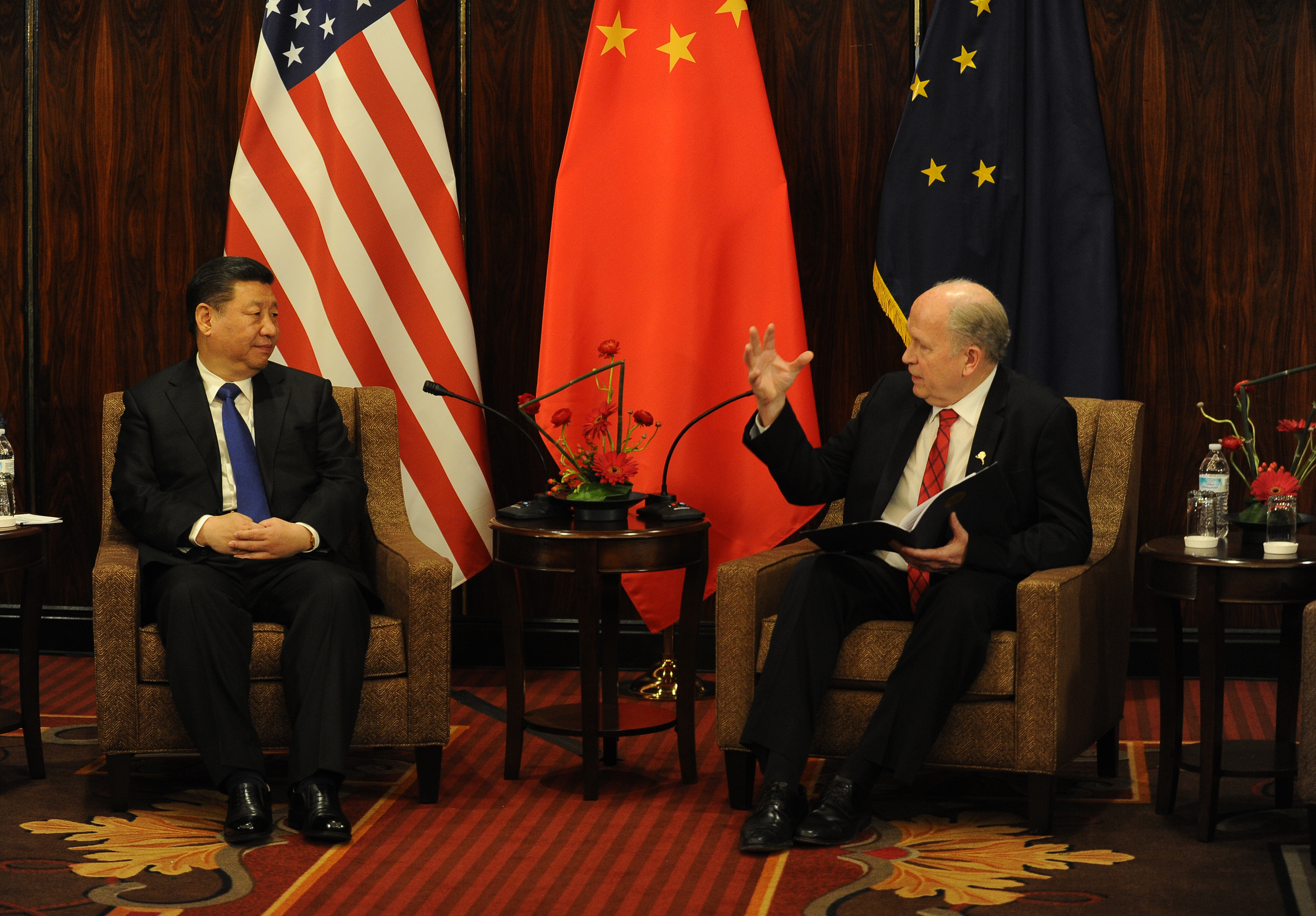 Xi Jinping, President of China and Alaska Governor Bill Walker meet at the Hotel Captain Cook on Friday, April 7, 2017. The president of China stopped over in Anchorage after meeting with President Trump at Mar-a-Lago. (Bob Hallinen / Alaska Dispatch News)