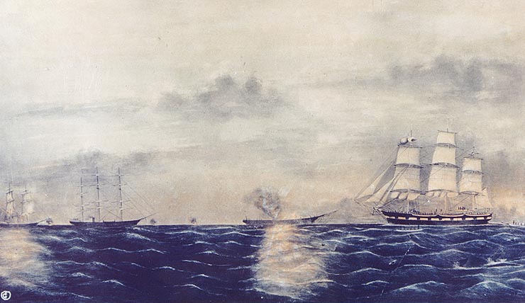 Colored lithograph of an artwork by B. Russell, depicting CSS Shenandoah’s assault on the U.S. whaling ships in the Bering Sea area, including ship Milo, which carried the destroyed vessels’ crews to San Francisco. (Photo: U.S. Naval Historical Center Artwork)