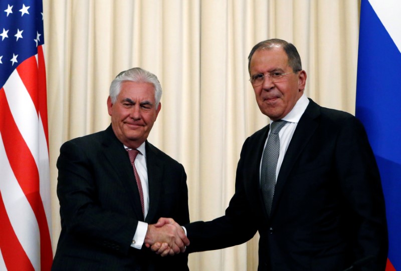 Russian Foreign Minister Sergei Lavrov shakes hands with U.S. Secretary of State Rex Tillerson during a news conference following their talks in Moscow, Russia, April 12, 2017. (Sergei Karpukhin / Reuters file photo)