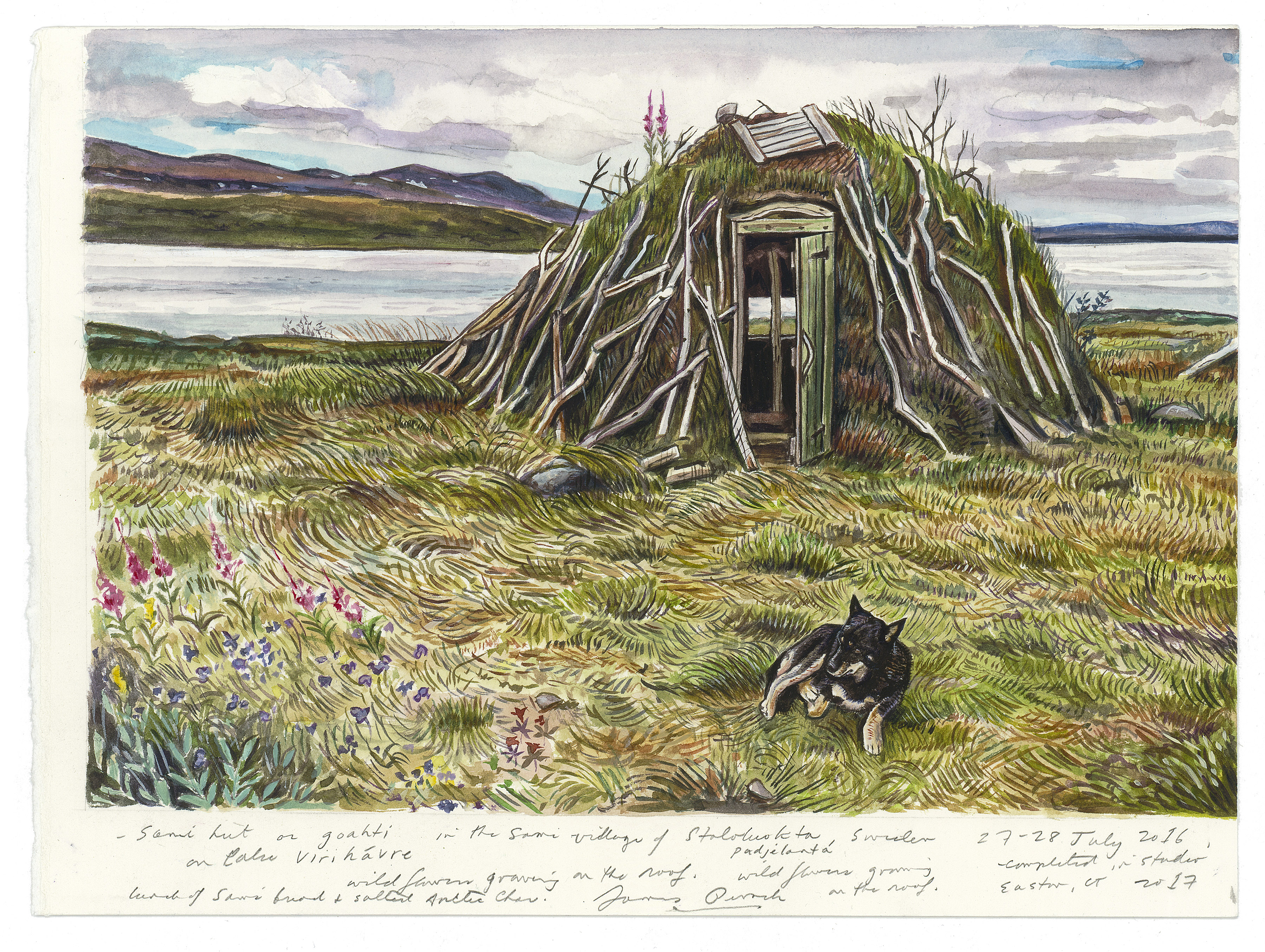 Sami reindeer herdersÕ hut on Lake Virihaure in Padjelanta National Park. Artist and writer James Prosek retraced the journey through Swedish Lapland made in 1732 by Carl Linnaeus, the man who invented the two-name system (genus and species) for identifying organisms. (Painting by James Prosek, courtesy of the artist and Schwartz-Wajahat, New York via The New York Times) -- NO SALES; FOR EDITORIAL USE ONLY WITH STORY SLUGGED LINNAEUS FOOTSTEPS ADV21 BY PROSEK FOR MAY 16, 2017. ALL OTHER USE PROHIBITED.