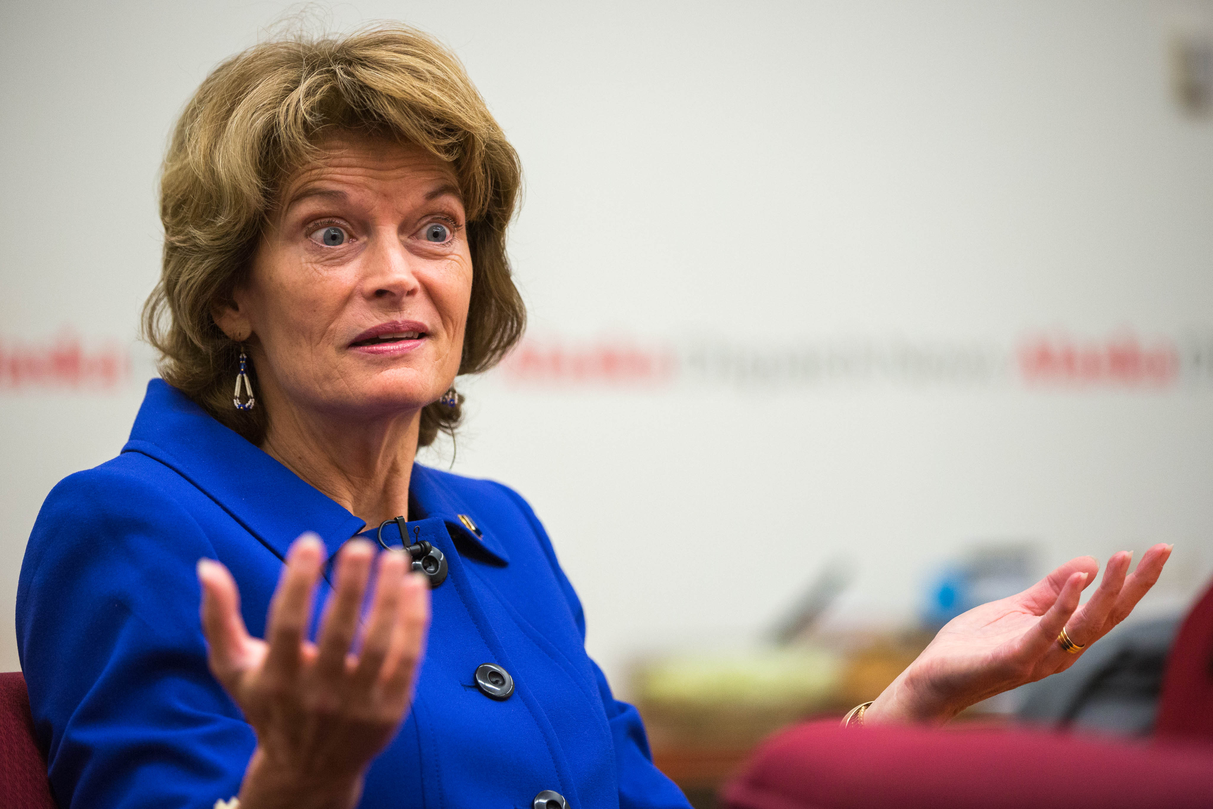 Sen. Lisa Murkowski speaks with reporters at the Alaska Dispatch News offices on Wednesday, October 14, 2015. (Loren Holmes / Alaska Dispatch News)