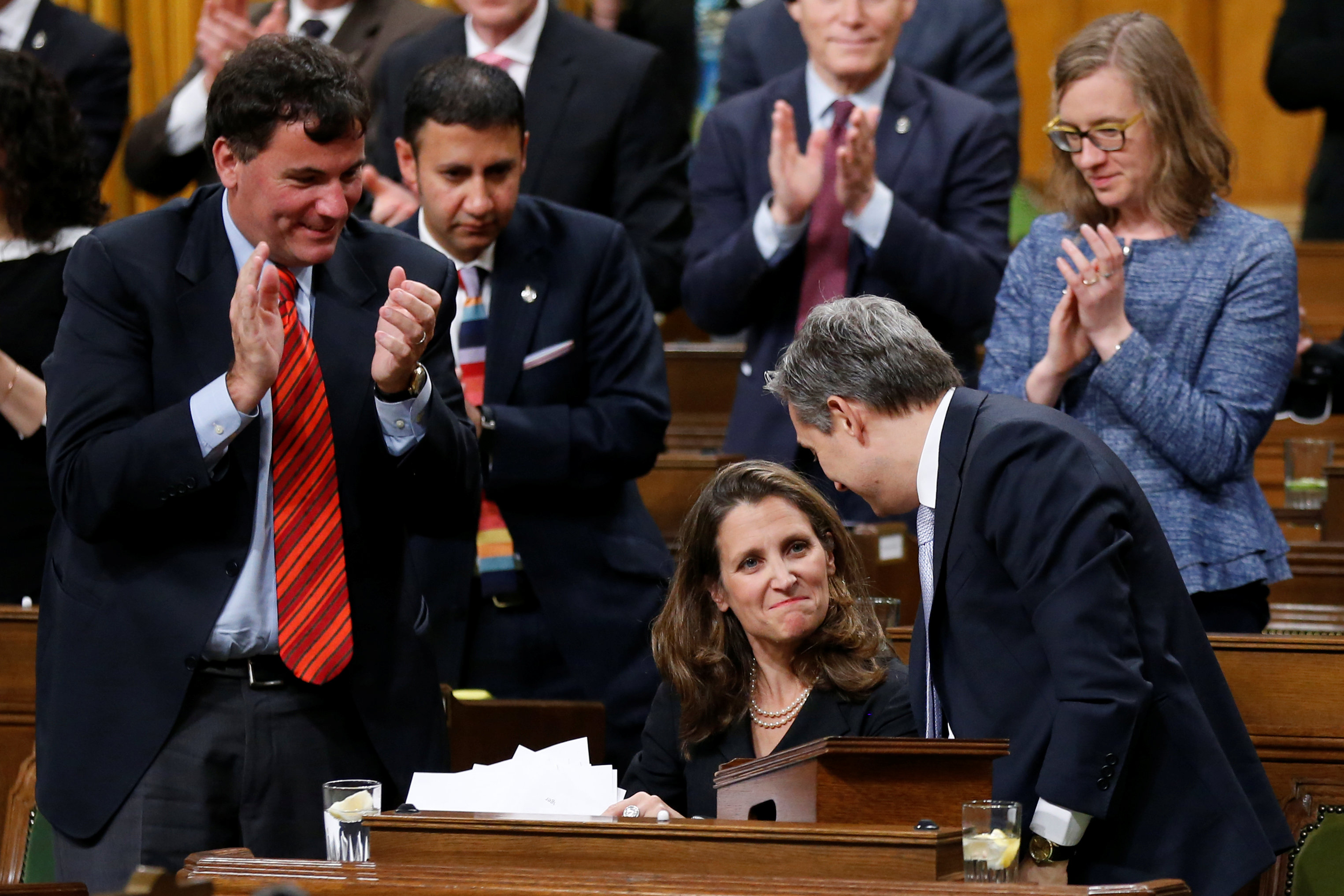 Canada's Foreign Affairs Minister Chrystia Freeland receives a standing ovation after delivering a speech on Canada's foreign policy in the House of Commons on Parliament Hill in Ottawa, Ontario, Canada June 6, 2017. (Chris Wattie / Reuters)