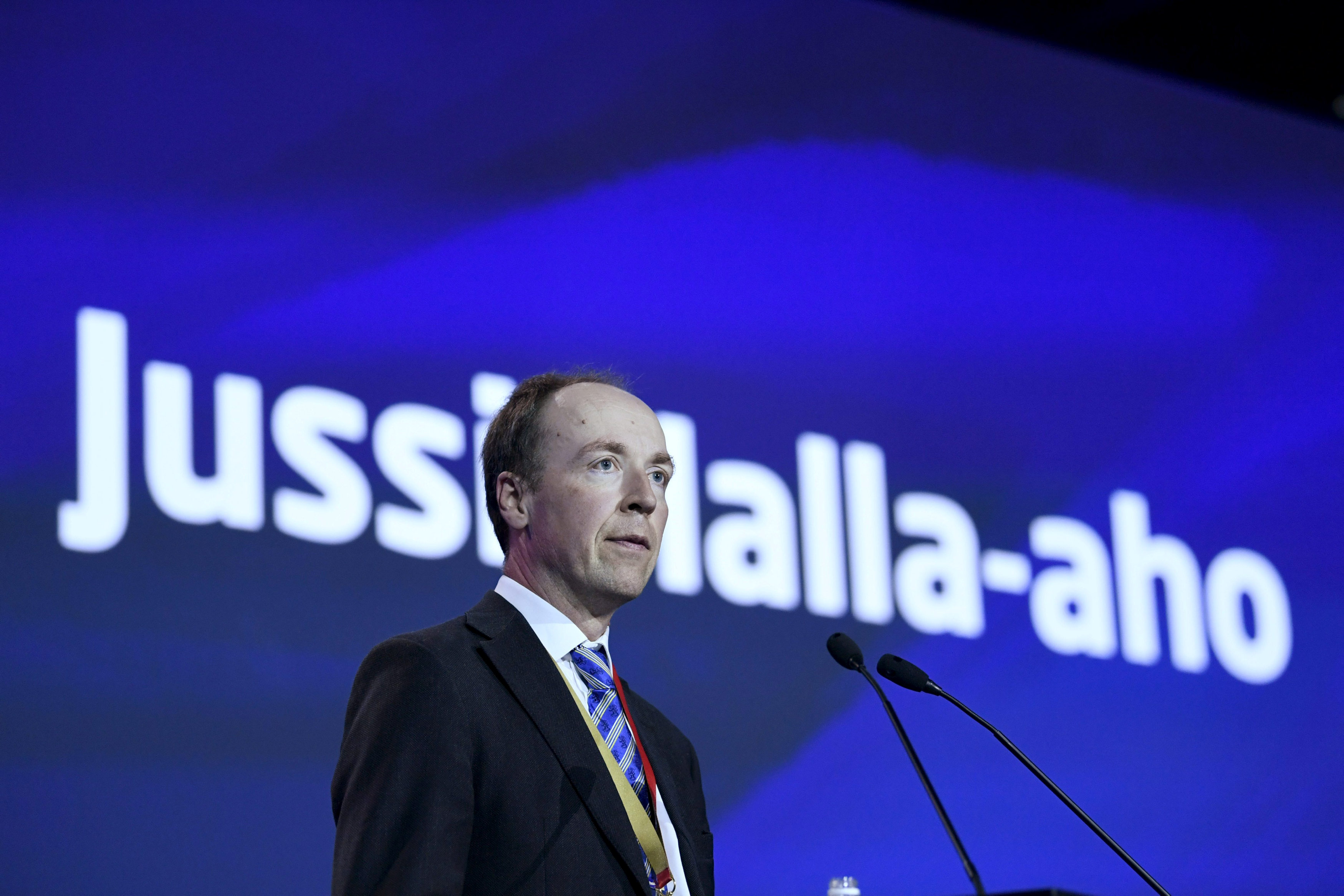 Newley-elected chairman of the Finns Party and Member of the European Parliament Jussi Halla-aho delivers his speech at the Finns Party congress in Jyvaskyla, Finland June 11, 2017. (LEHTIKUVA/Jussi Nukari via Reuters)