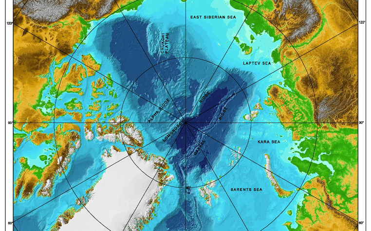 The Lomonosov Ridge, the dark blue area stretching across the North Pole, is the source of both Russian and Danish claims to the North Pole. (NOAA)