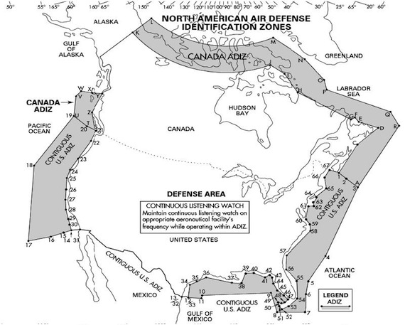 The extent of the current Canadian Air Defence Identification Zone, known as CADIZ. The Department of National Defense plans to expand this zone to cover the entire Canadian Arctic archipelago, islands which mainly lie in Nunavut. (U.S. Department of Defense, National Geospatial Intelligence Agency via Wikimedia Commons)