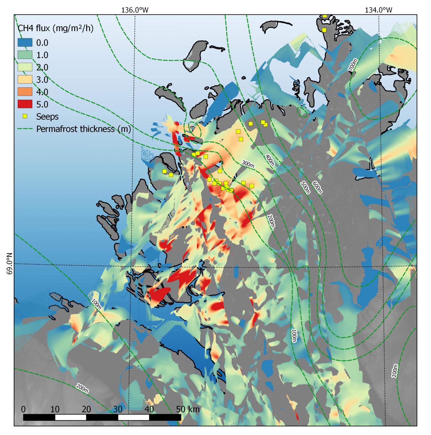 A map show methane fluxes in the northern part of an area in Canada's Mackenzie River Delta studied by permafrost researchers. (B. Juhls / GFZ)
