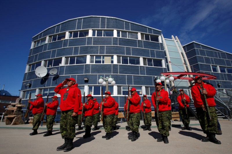 Canadian Rangers practice at the Nunavut Legislative Assembly in advance of a three-day royal tour to Canada by Britain's Prince Charles and Camilla, the Duchess of Cornwall, in Iqaluit, Nunavut, Canada, June 28, 2017. REUTERS/Chris Wattie