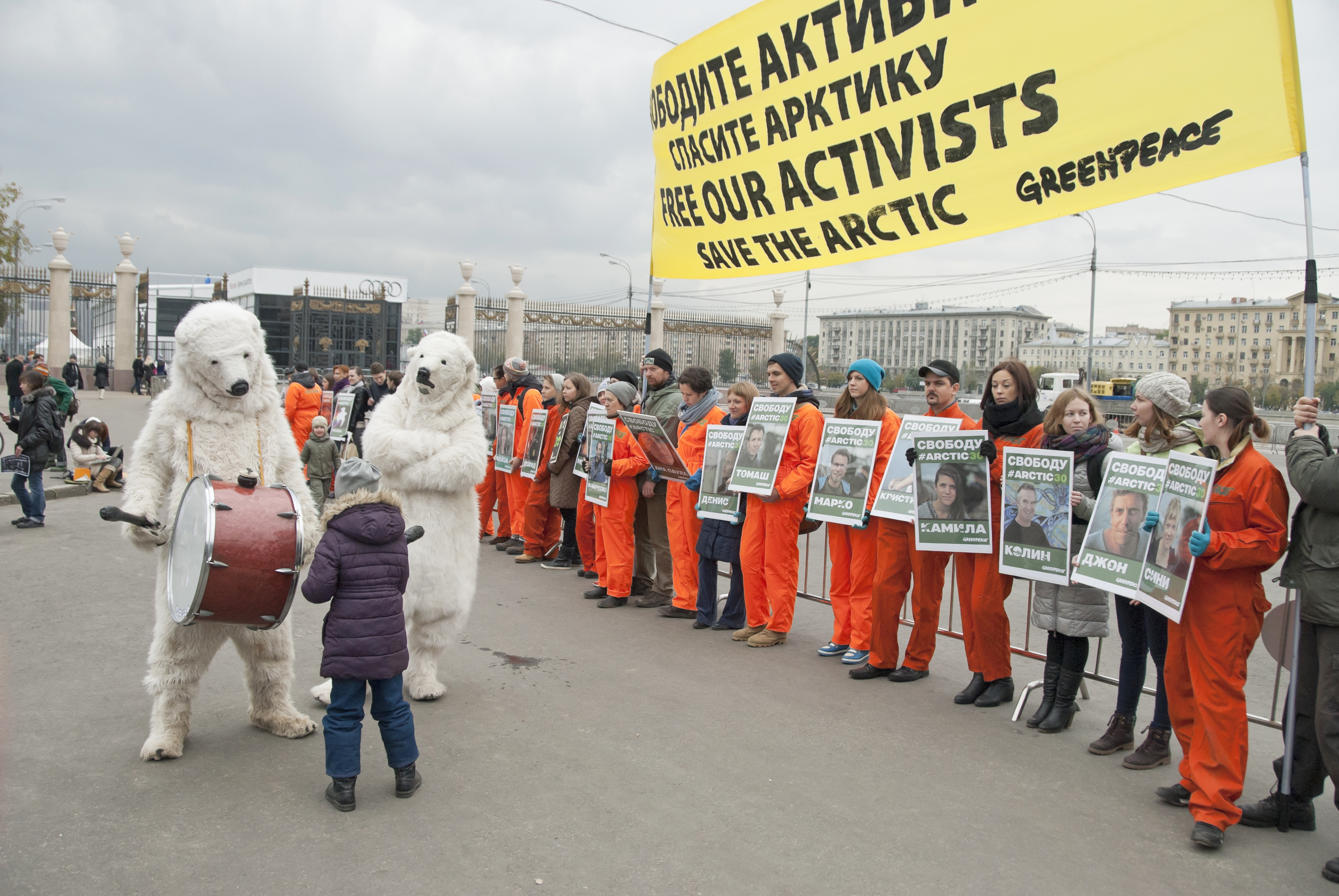 Protesters take part at the meeting in support of 30 Greenpeace activists charged with piracy at an oil platform in the Arctic, October 5, 2013 in Moscow, Russia. (Getty)