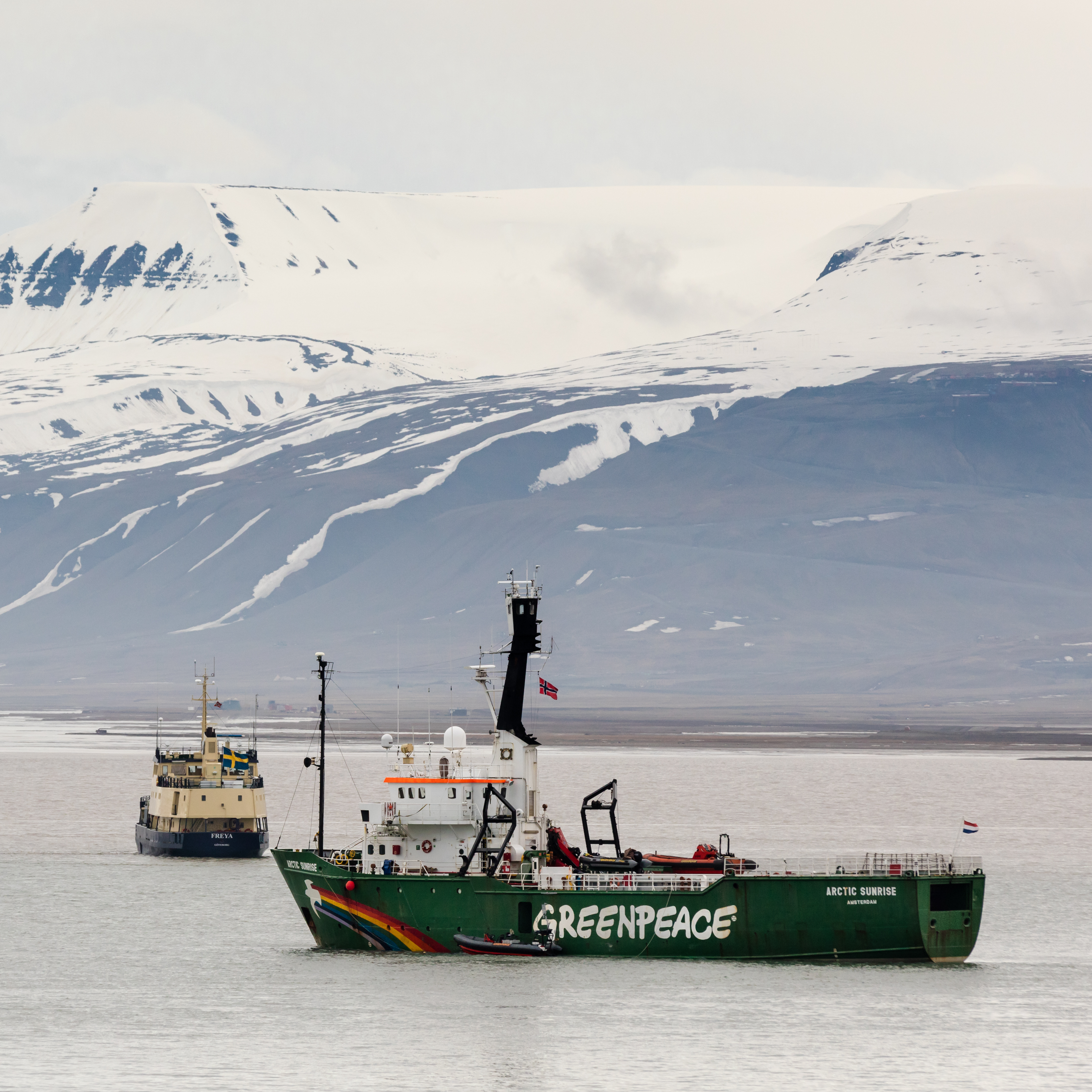 The Greenpeace Arctic Sunrise anchored in the Advent fjord (Advenffjorden) near the town of Longyearbyen in Spitsbergen in the Svalbard Archipelago in 2016. (Getty)