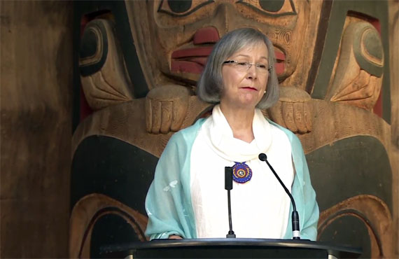 Marion Buller, chief commissioner of the National Inquiry into Missing and Murdered Indigenous Women and Girls, speaks at a July 6 press conference in Vancouver. Buller expressed concerns about meeting the inquiry’s mandate by September 2018, when it's scheduled to wrap up. (Nunatsiaq News)