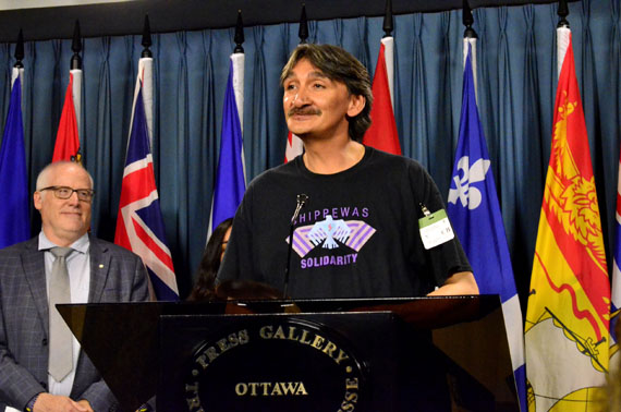 The former mayor of Clyde River, Jerry Natanine, at a press conference in Ottawa July 26. (Jim Bell / Nunatsiaq News)