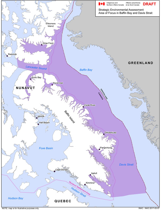 This map, produced by INAC, shows the marine areas covered by the federal government's strategic environmental assessment, or SEA, that's now being done in preparation for potential oil and gas exploration in Baffin Bay and Davis Strait. The area in question extends past the boundary of the Nunavut land claim settlement area, within Canada's 12-mile territorial limit, into marine territory inside Canada's 200-mile economic zone as far as the boundary between Canada and Greenland. The Nunavut Impact Review Board is leading work on developing the SEA, which is expected to be done by March 2019. (INAC)