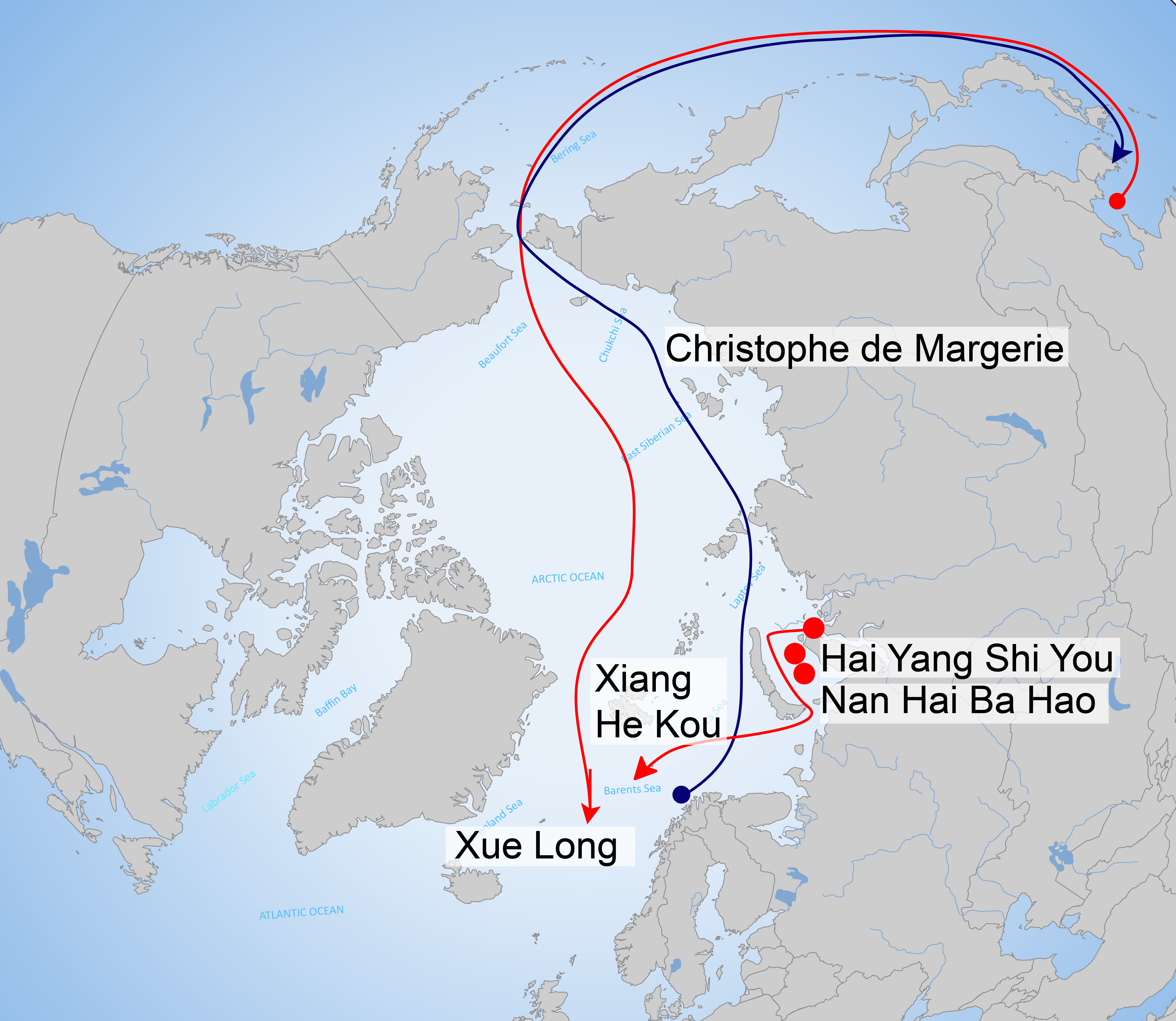 Approximate route or current location of four Chinese vessels and the Christophe de Margerie (Malte Humpert based on NSR Administration, the NSR Information Office, and MarineTraffic.com)