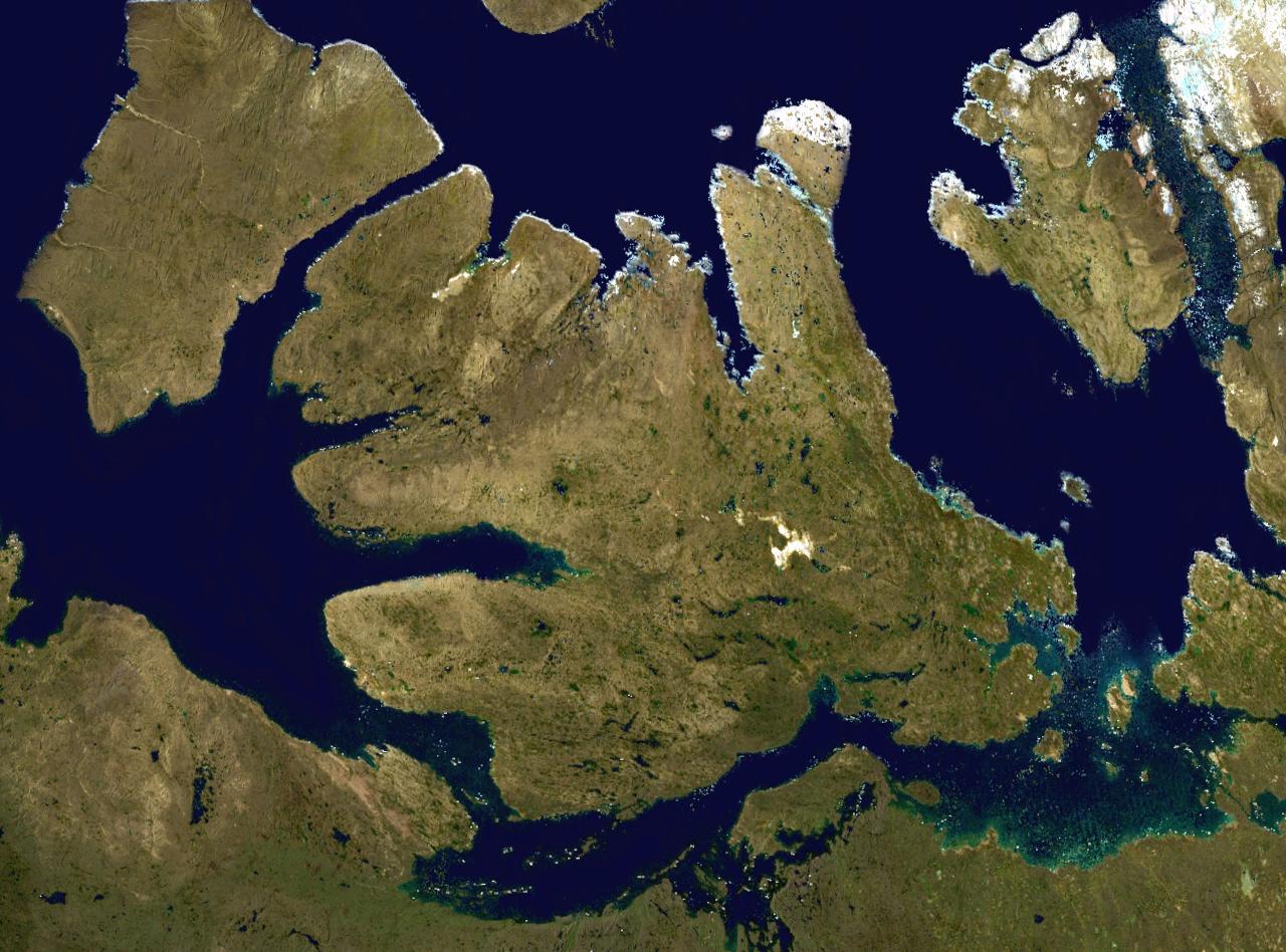 Victoria Island in the Canadian Arctic, with Queen Maud Gulf at the lower left. (NASA)