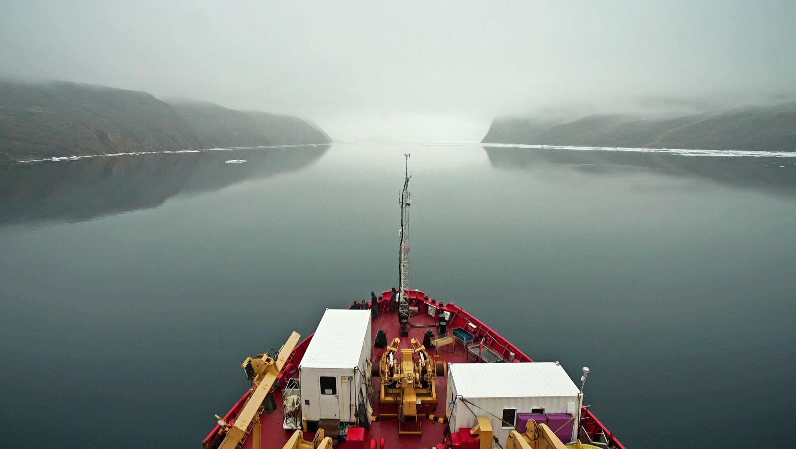 The CCGS Amundsen heads into Bellot Strait, a narrow waterway that divides the Boothia Peninsula and Somerset Island, on Aug. 11. (Alice Li / The Washington Post)