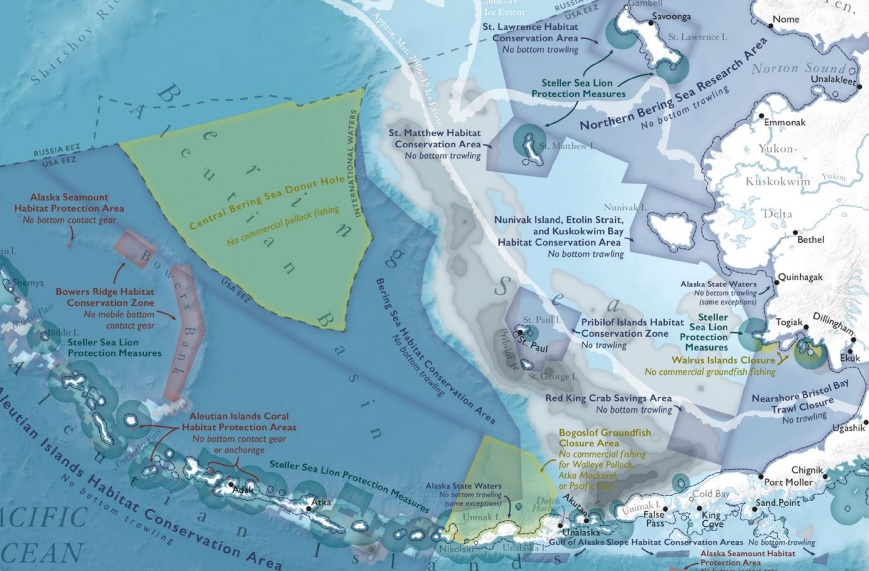 A map of fisheries management conservation areas published in the "Ecological Atlas of the Bering, Chukchi and Beaufort Seas," a project led by Audubon Alaska. (ak.audubon.org)