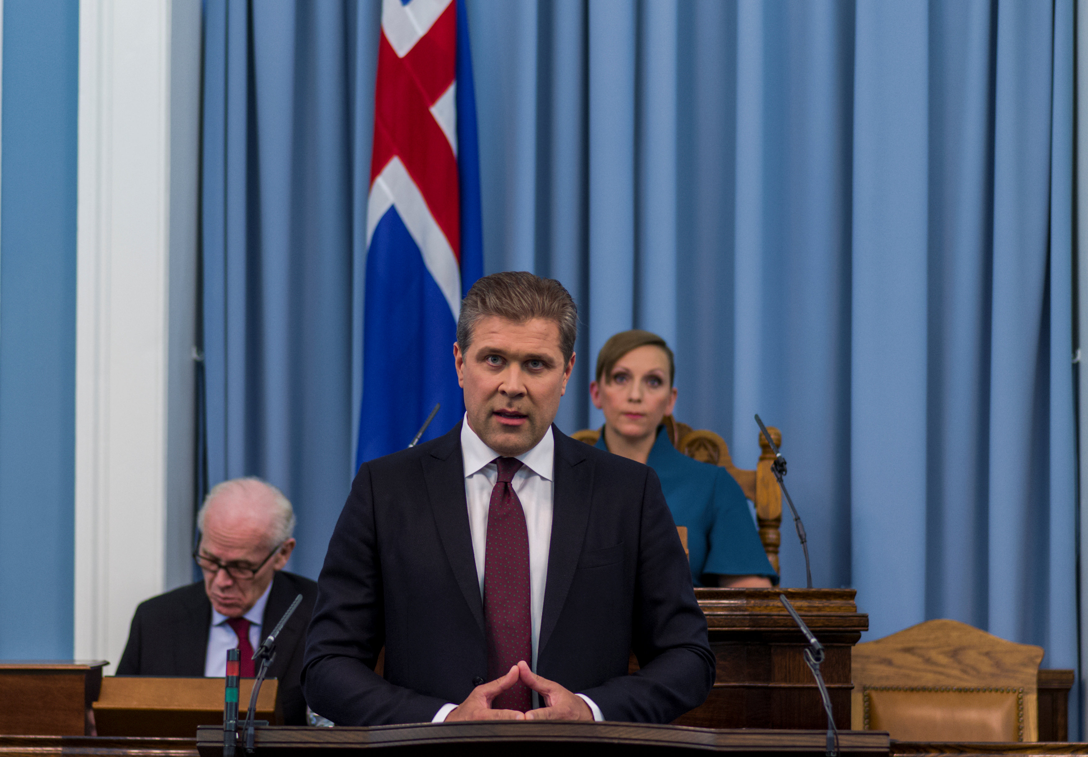 Prime Minister Bjarni Benediktsson speaks in Parliament in Reykjavik, Iceland, September 13, 2017. REUTERS/Geirix