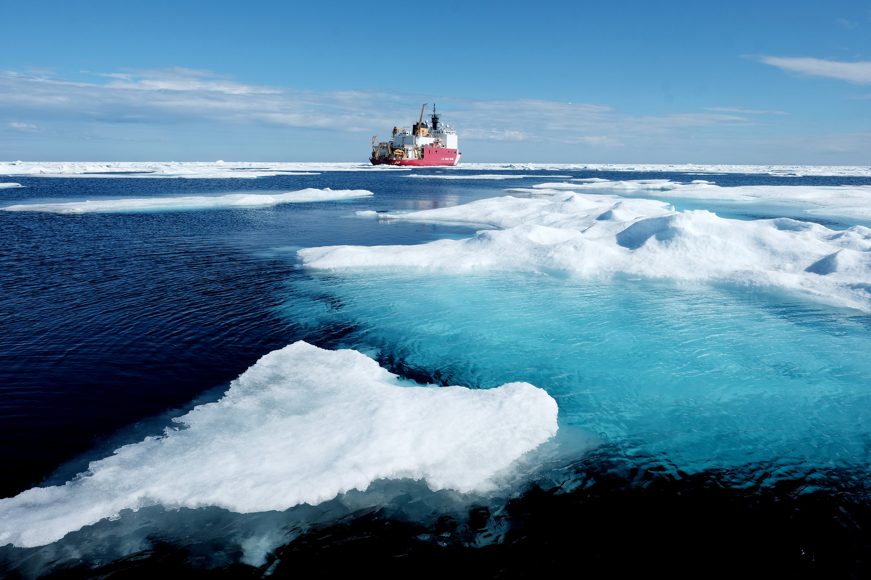 Ice floes surround the U.S. Coast Guard Cutter Healy in the Arctic Ocean on July 29. (Bonnie Jo Mount / The Washington Post)