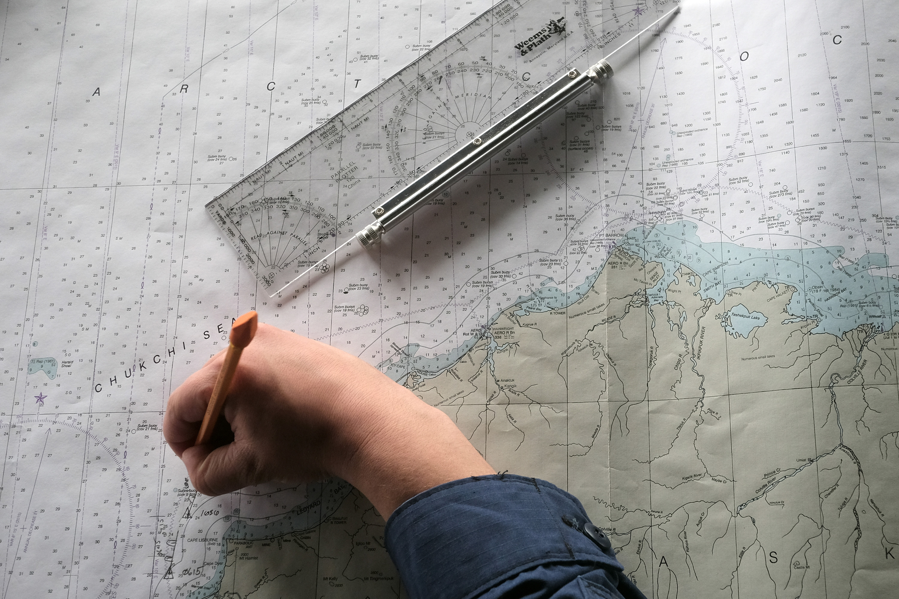 The route of the U.S. Coast Guard Cutter Healy is recorded on a nautical chart July 28 during a voyage to the Arctic Ocean. (Bonnie Jo Mount / The Washington Post)