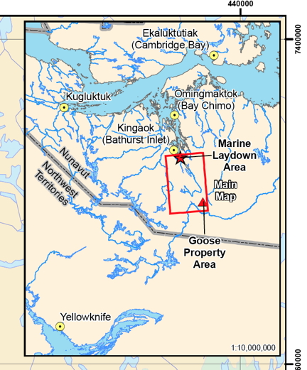 This map shows the location of the Sabina Gold and Silver Corp. Back River gold mine in western Nunavut. (Nunatsiaq News file image)