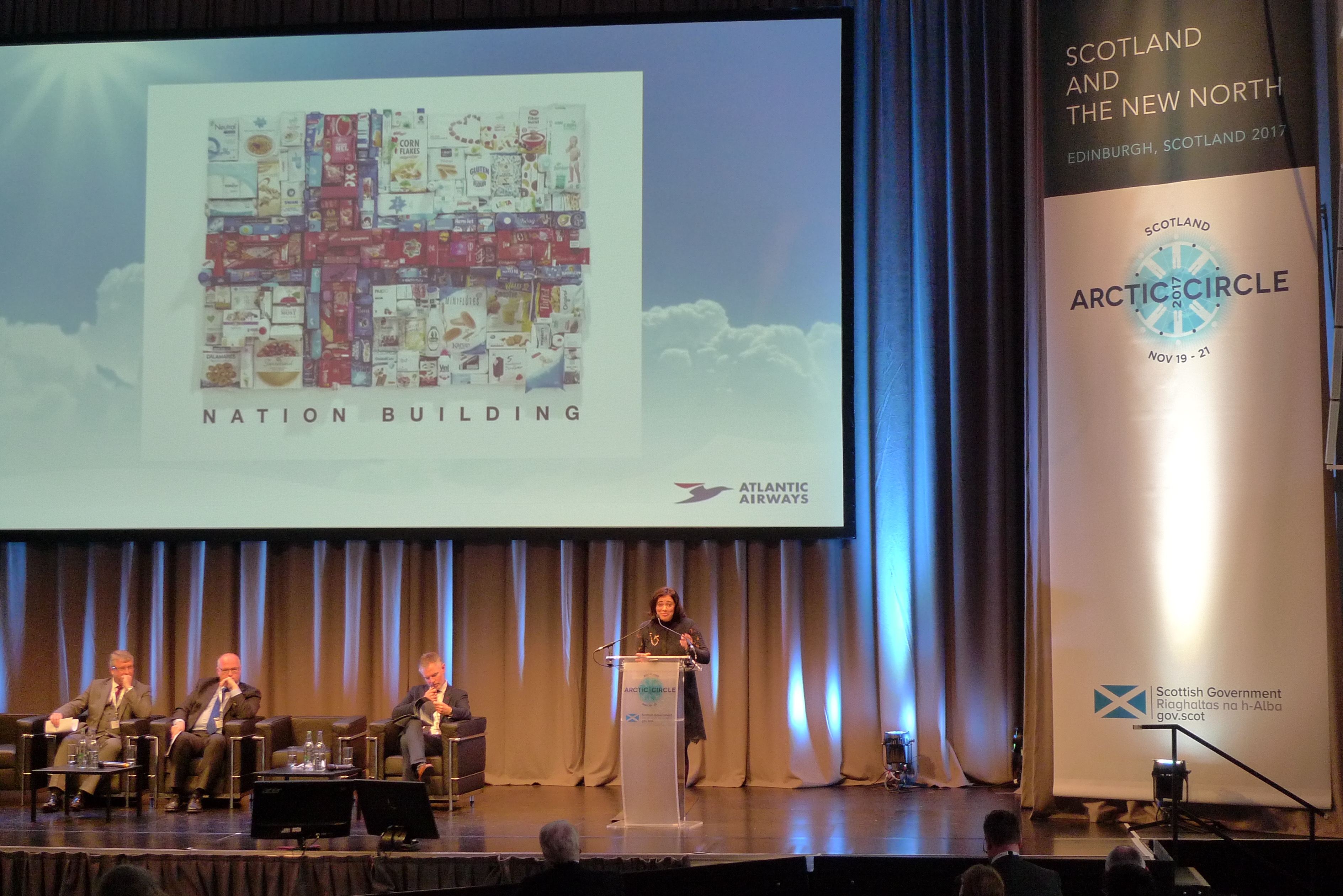  Jóhanna á Bergi, chief executive of the Faroe Islands' Atlantic Airways, speaks at an Arctic Circle forum in Edinburgh, Scotland. (Kevin McGwin / Arctic Now)