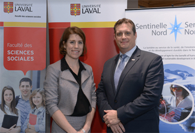 Caroline Hervé was named to the new Laval University-based Research Chair on Relations with Inuit Societies. She's pictured here at its Dec. 5 launch with Sentinelle Nord director Martin Fortier. (Courtesy Laval University via Nunatsiaq News)
