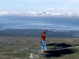 Tightrope walkers set a world record high above a Swedish Arctic valley